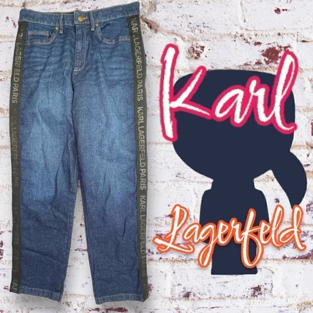 Karl Lagerfeld Paris Women's Straight Leg Logo Taping Mid Rise Jean Size 10 Blue